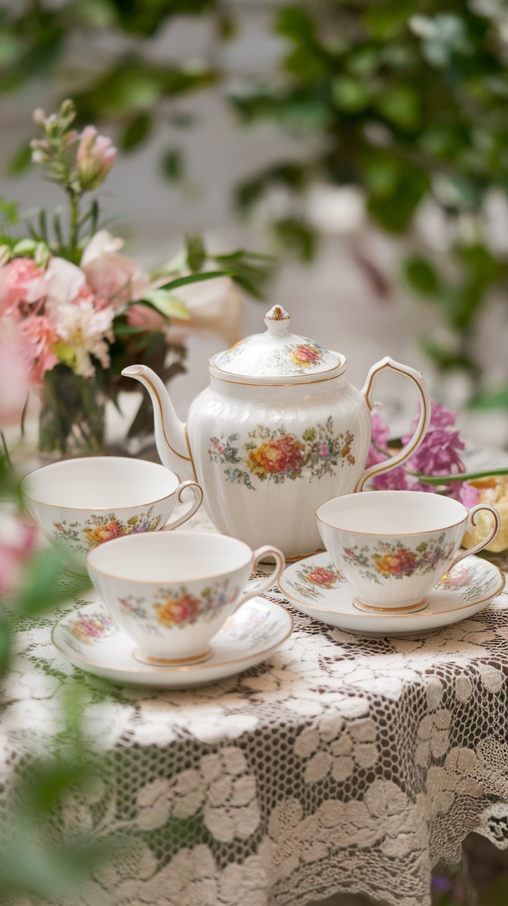 Elegant tea set with floral designs on a lace tablecloth, featuring a teapot and matching cups.