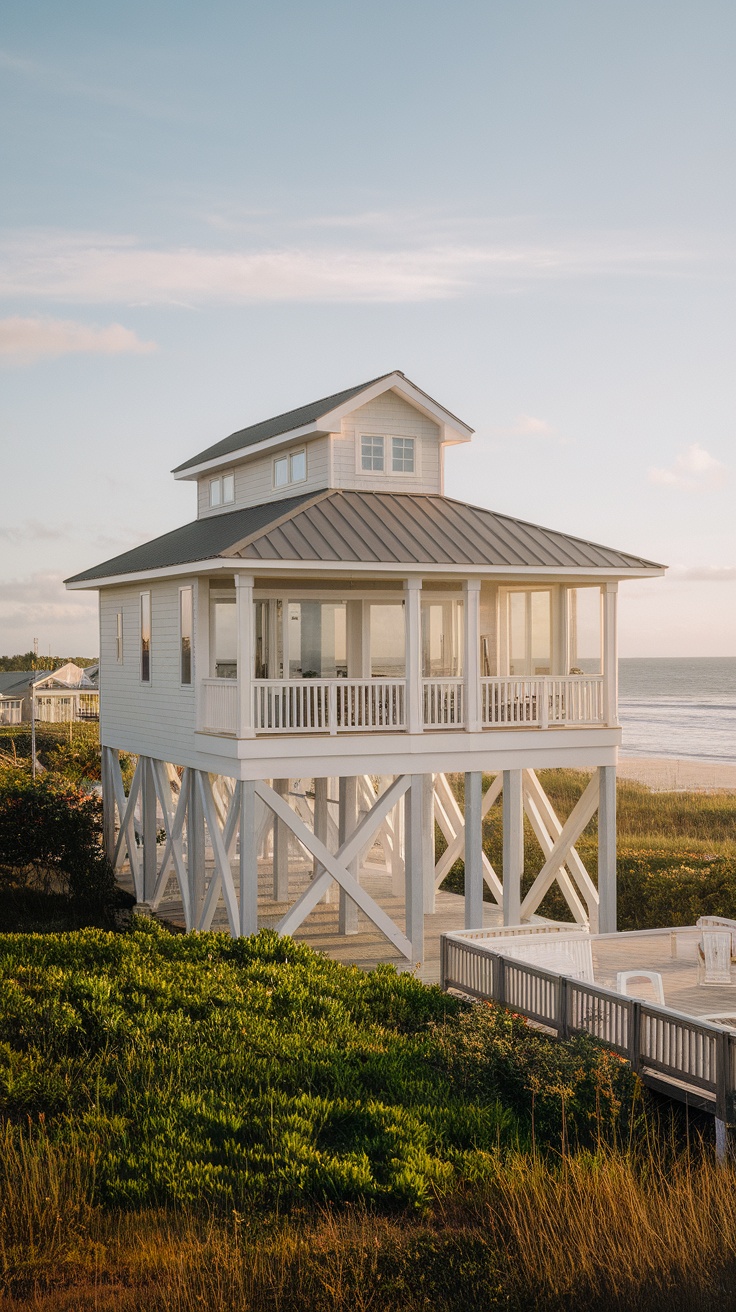 A beach house with an elevated foundation overlooking the ocean.