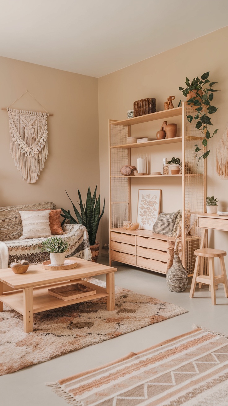 A cozy Boho Chic living room featuring earthy tones, textured textiles, and natural elements.