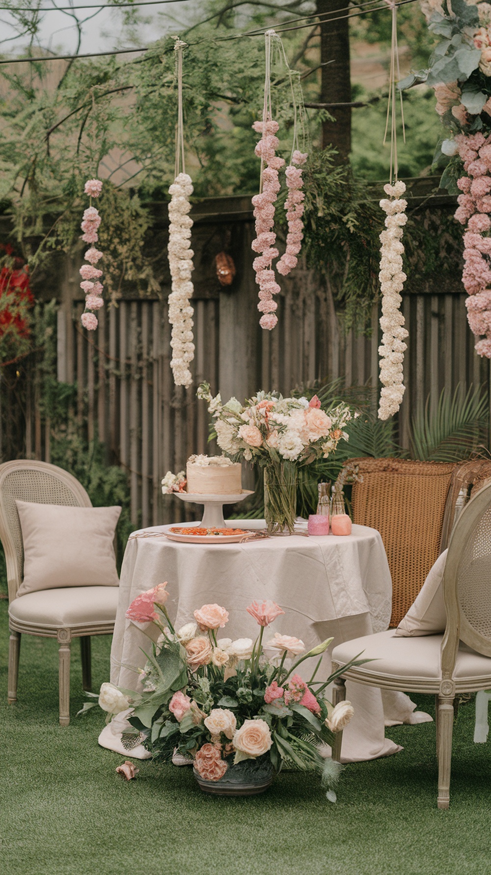 A garden party setup featuring floral decorations, a small table with cake, and cozy chairs.