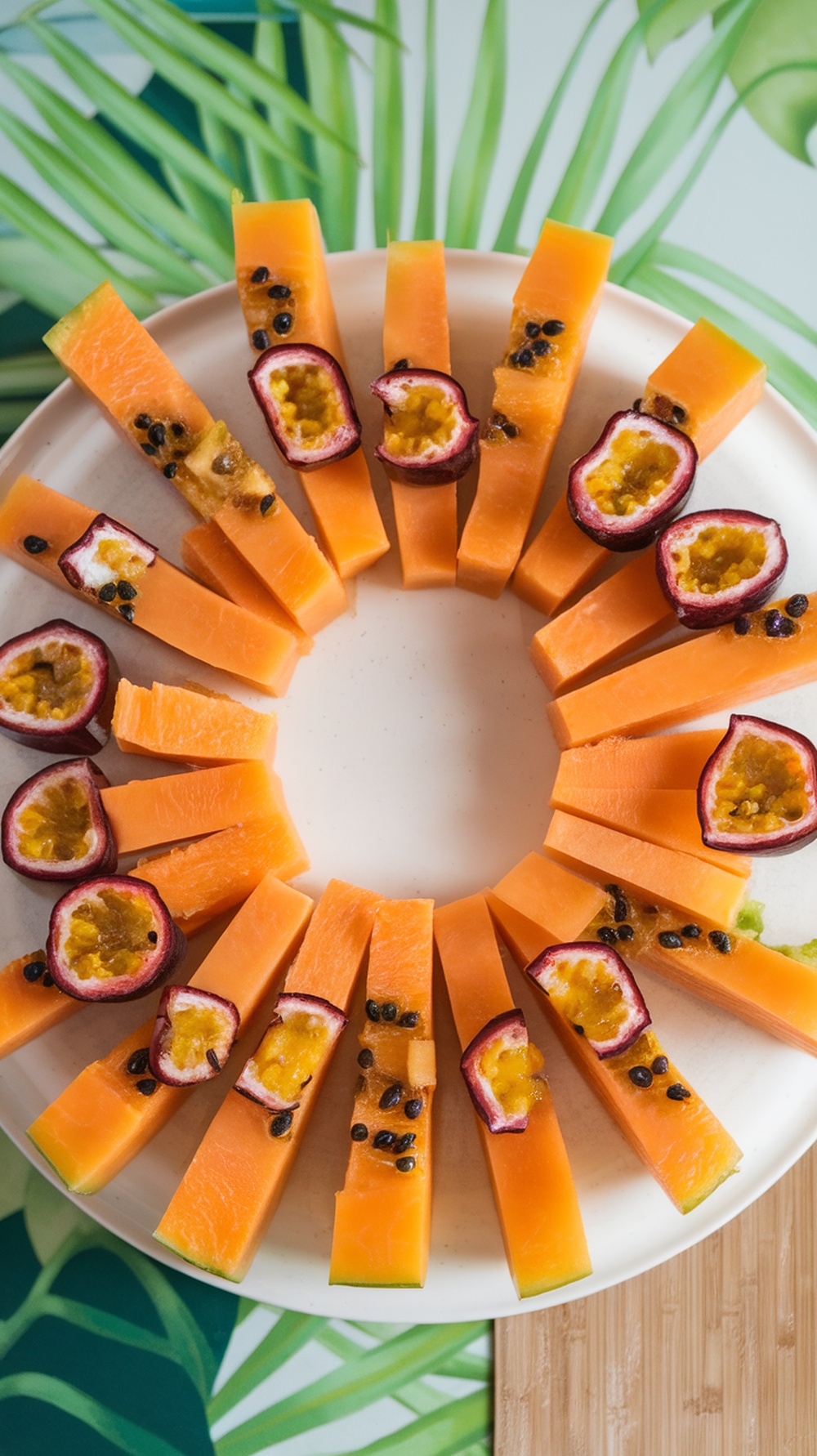 A plate of sliced papaya arranged with halved passionfruits, displaying their vibrant colors.