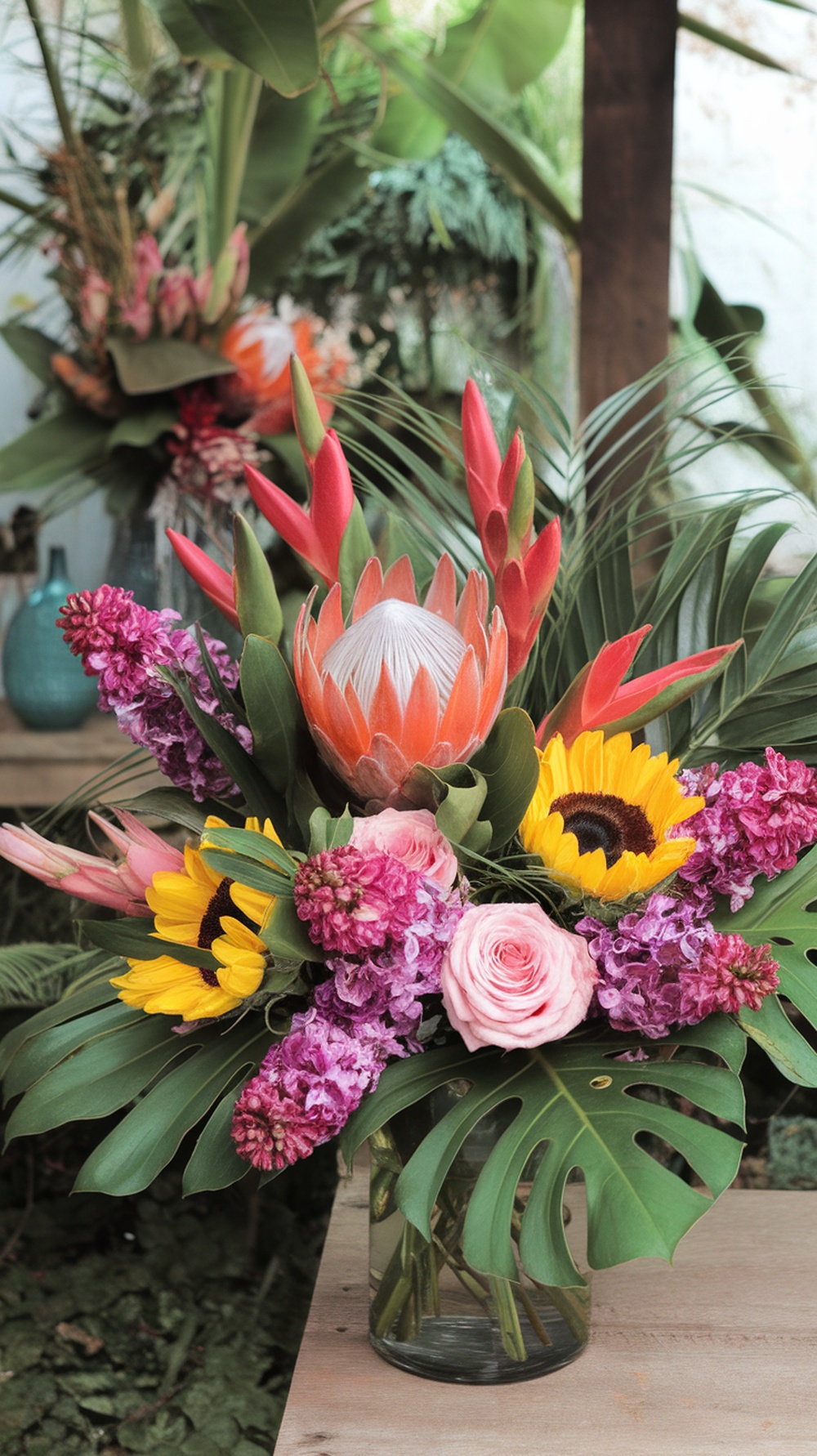 A vibrant summer wedding bouquet featuring exotic protea, tropical flowers, sunflowers, and roses, arranged with lush greenery.