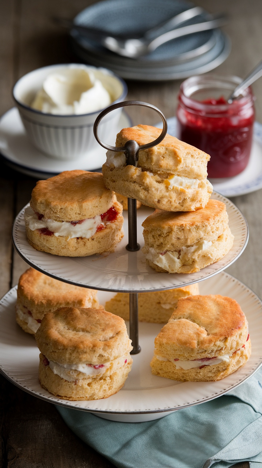 A tiered stand with freshly baked scones filled with clotted cream and jam, accompanied by a bowl of clotted cream and a jar of jam.