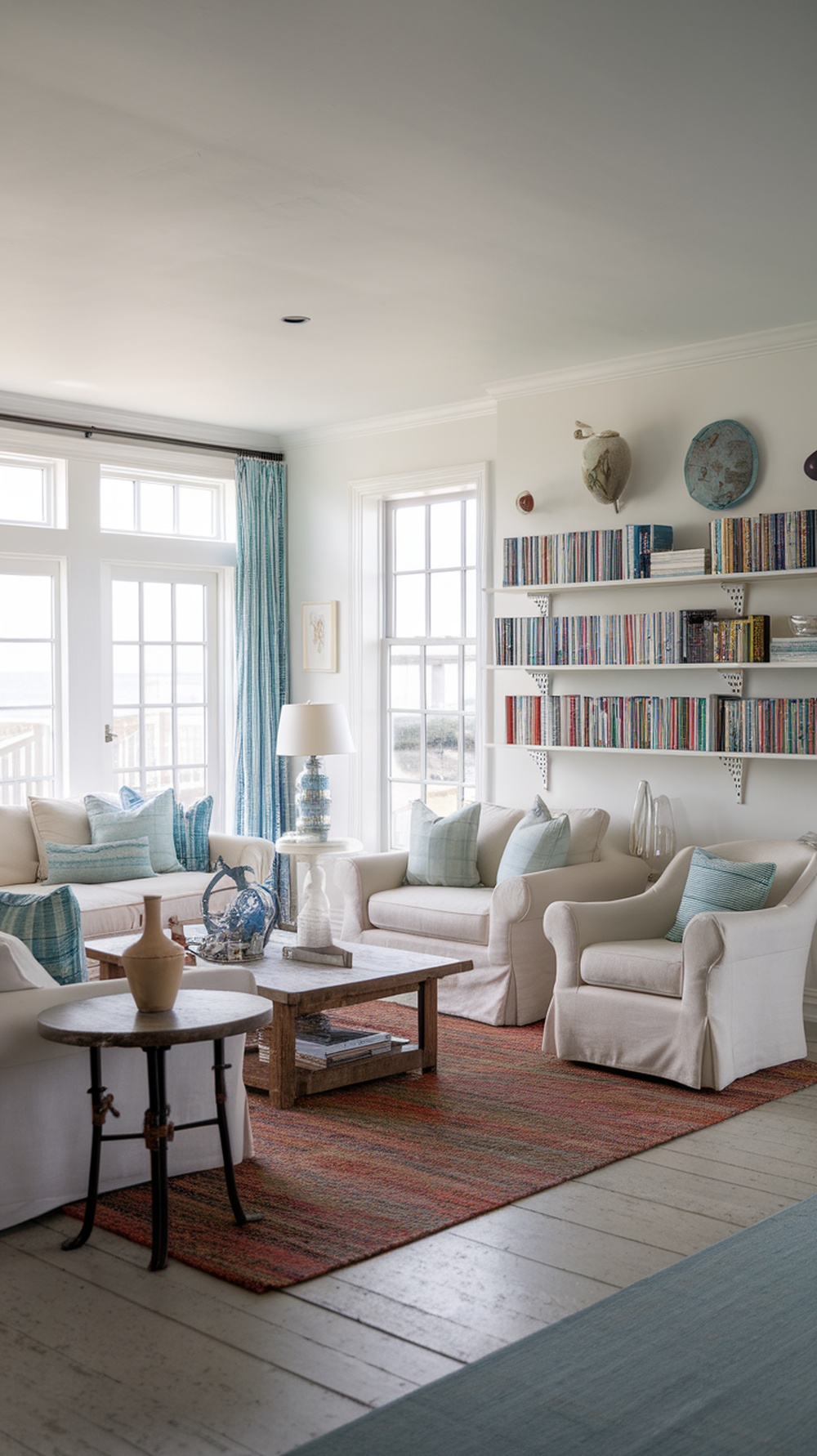 A cozy beach house living area with light-colored furniture and colorful bookshelves.