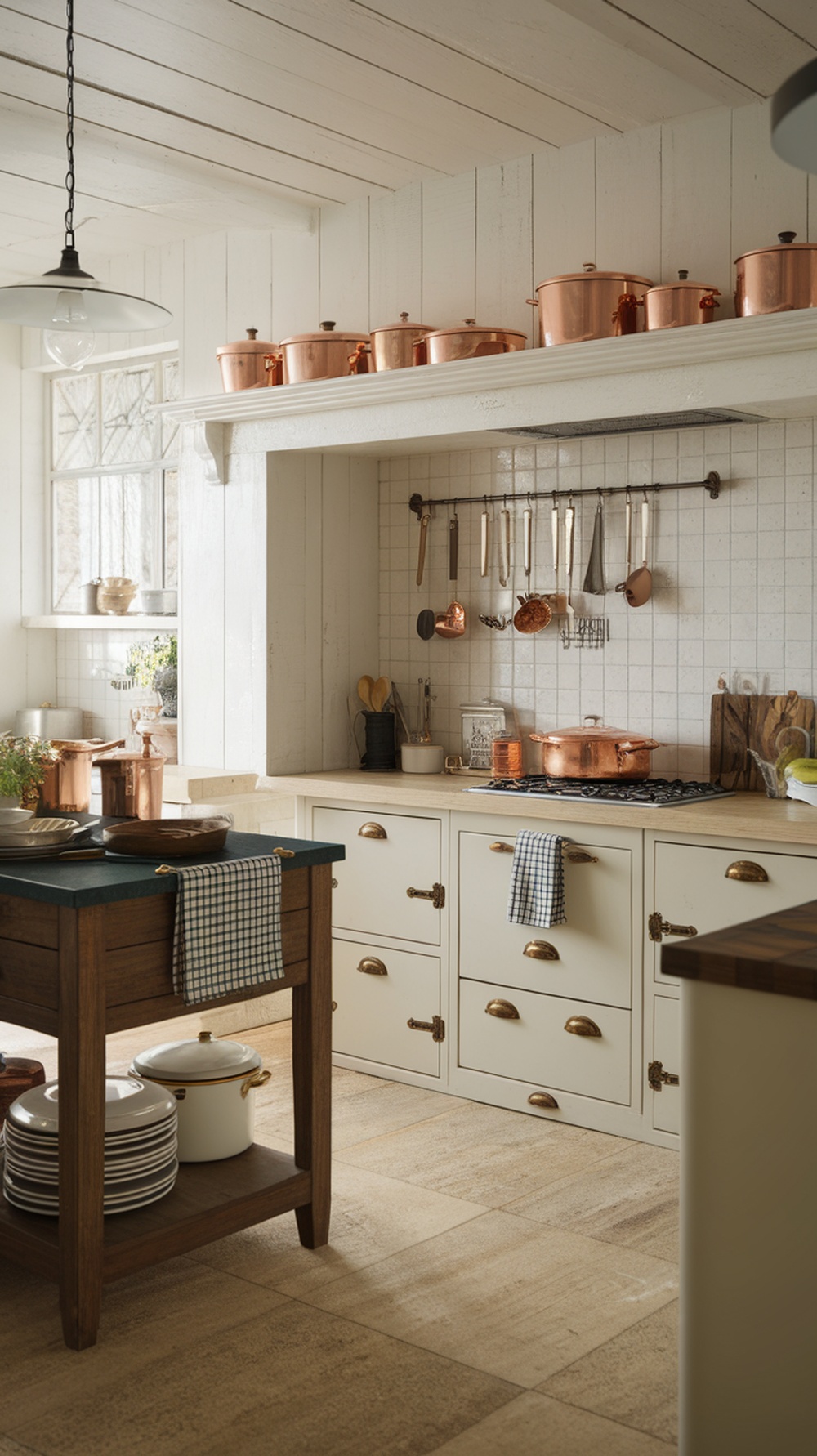 Vintage farmhouse kitchen with copper pots and wooden accents.