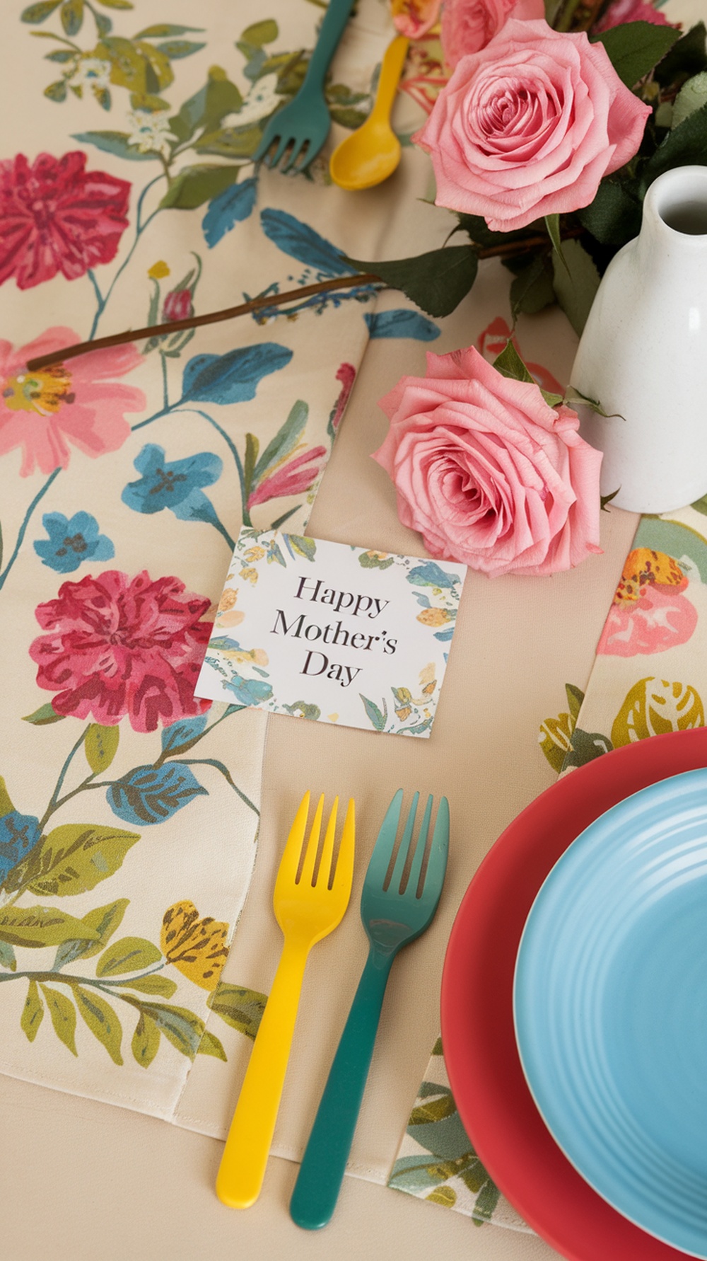 A beautifully decorated table for Mother's Day featuring a floral tablecloth, pink roses, and colorful utensils.