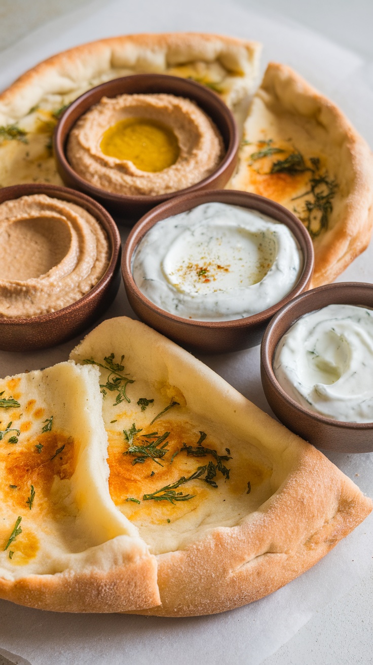 A plate of flatbread accompanied by various dips in small bowls.