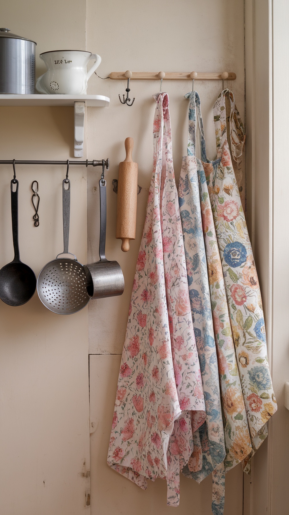 A collection of floral aprons and vintage kitchen utensils hanging in a cozy kitchen