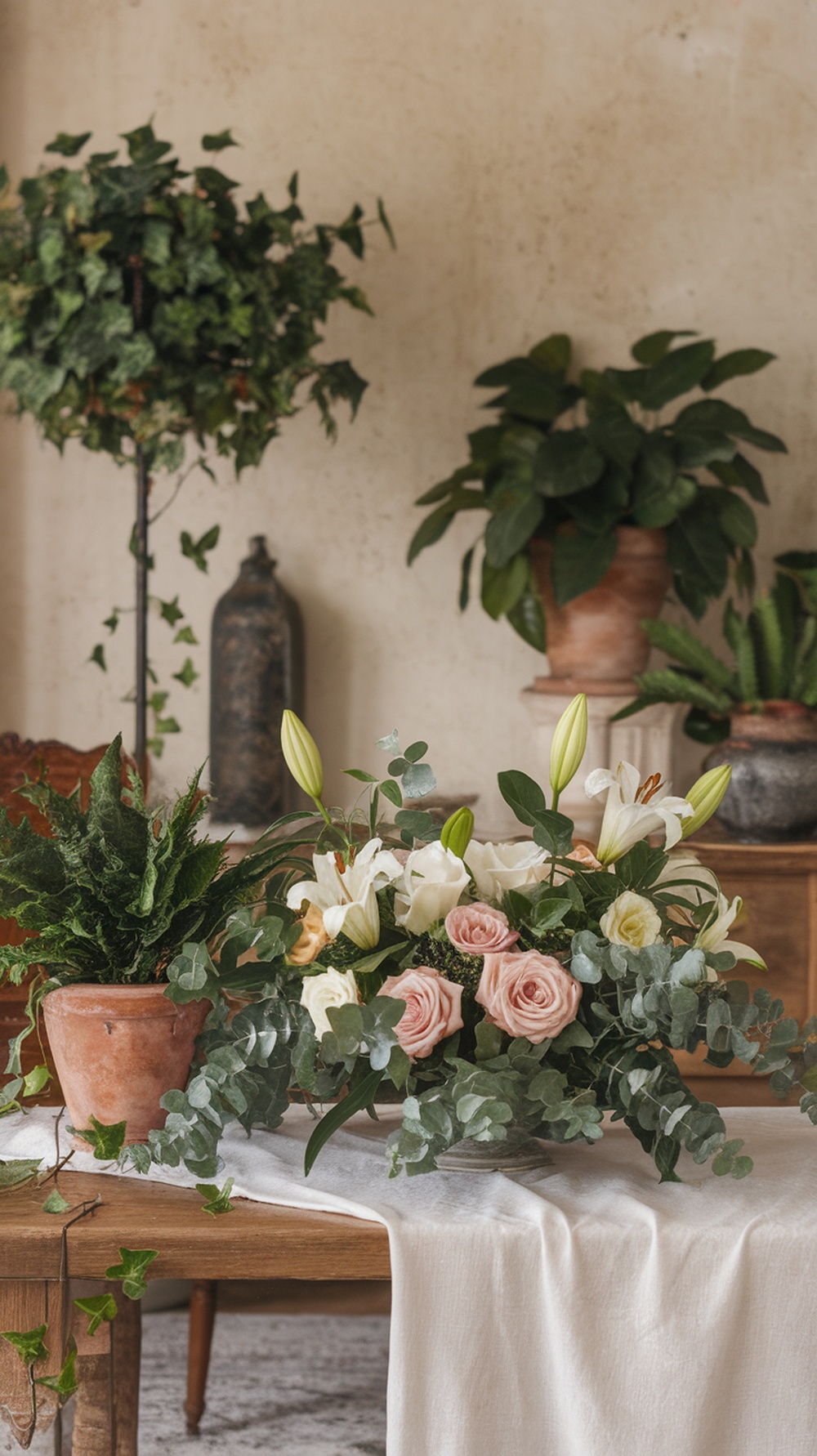 A floral arrangement featuring pink roses and white lilies on a wooden table surrounded by greenery and plants in terracotta pots.