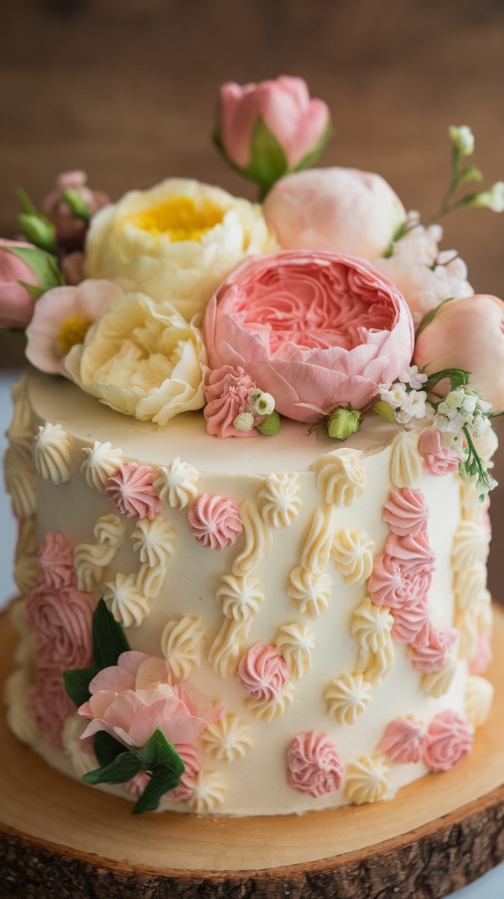 A beautifully decorated floral buttercream cake featuring pink and white piped flowers, perfect for spring.