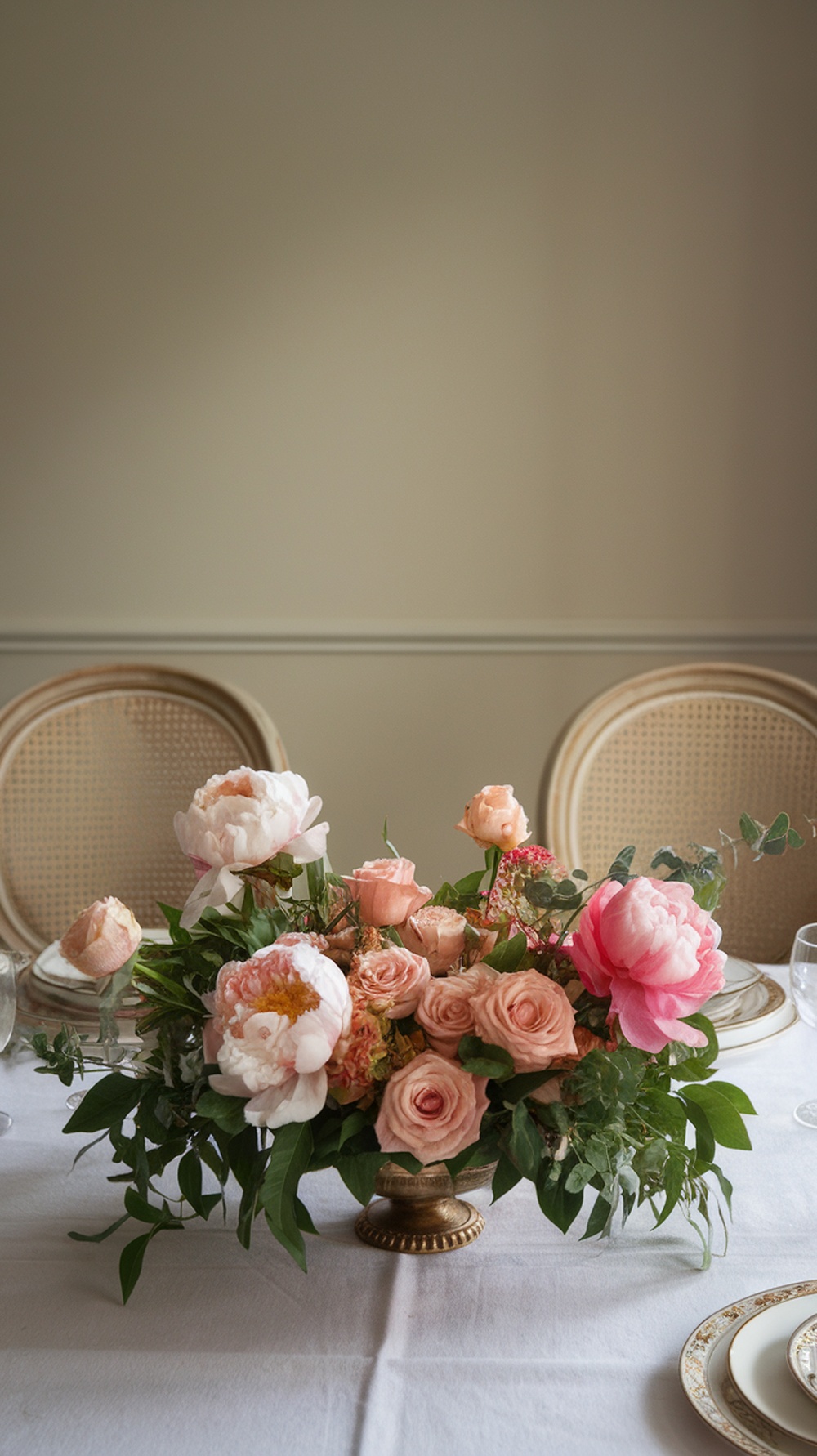 A floral centerpiece featuring peonies and roses in soft pink and peach colors.