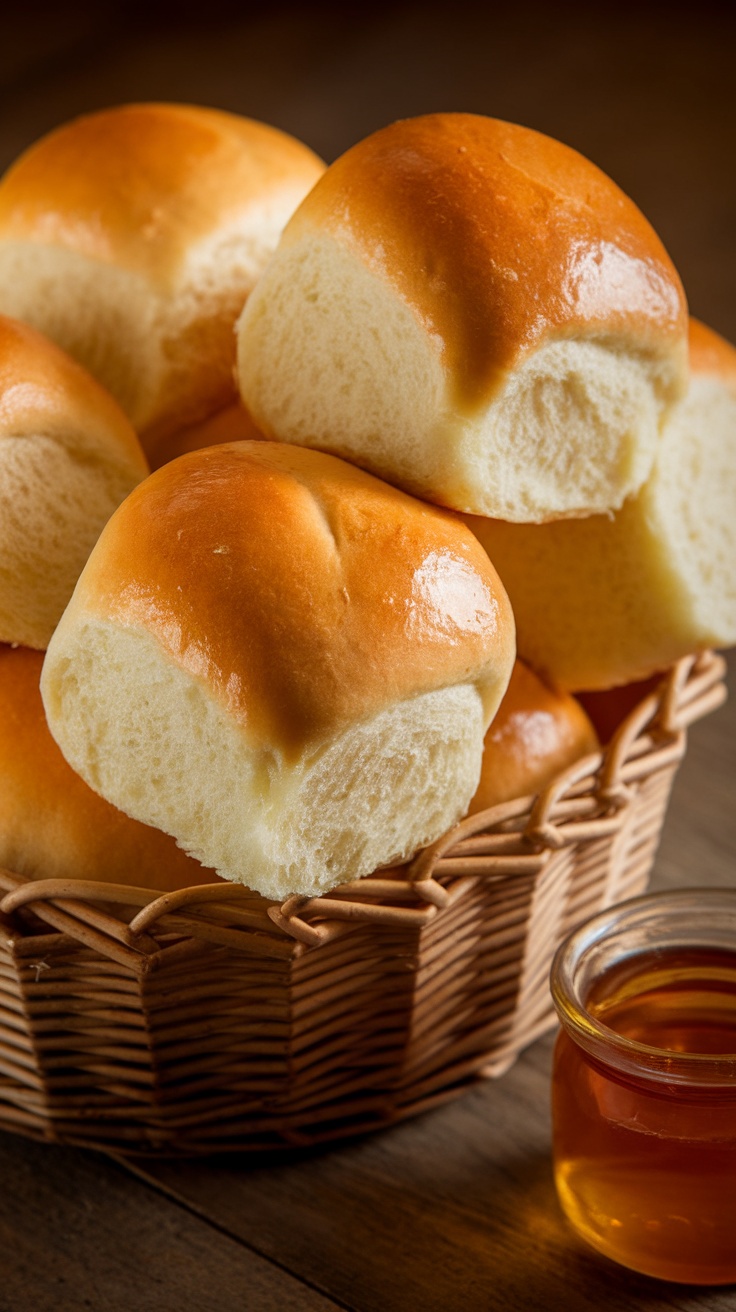 A basket filled with fluffy dinner rolls next to a small jar of honey.