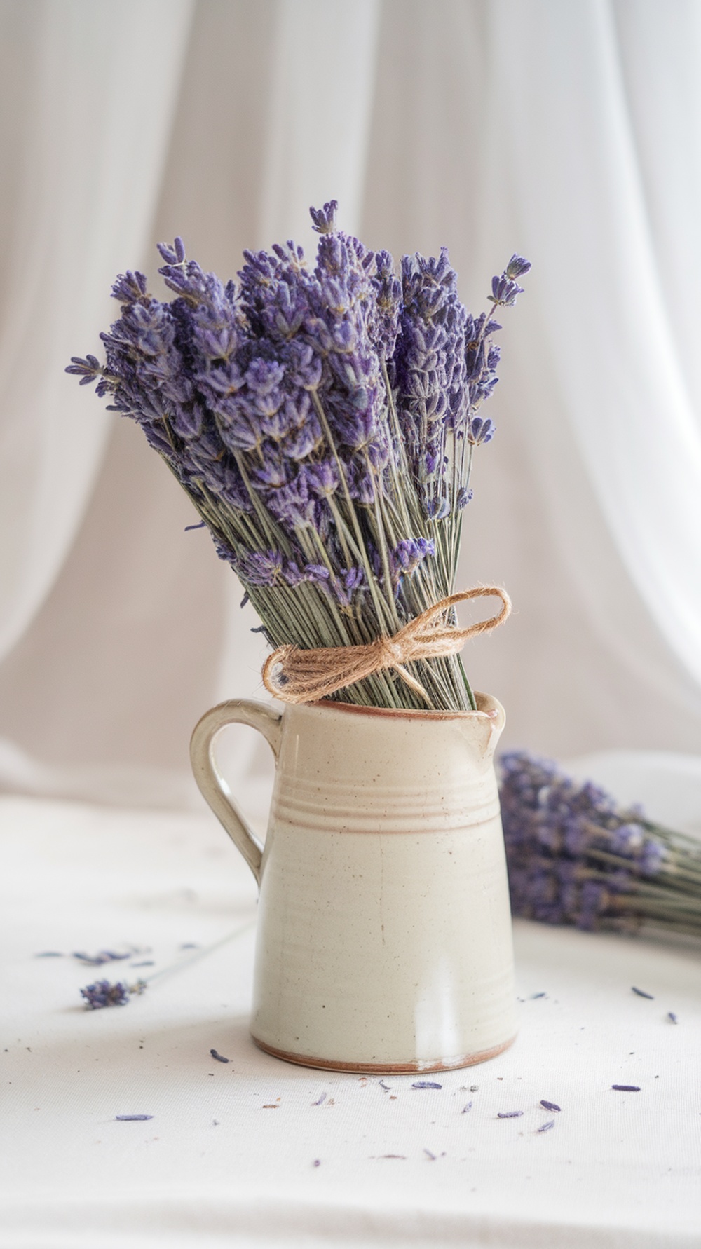 A bunch of dried lavender flowers arranged in a ceramic jug with twine, set against a soft white background.