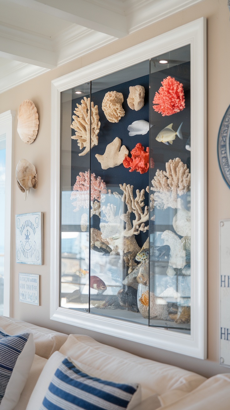 A framed display of coral and marine life showcasing colorful coral specimens and fish against a dark background.