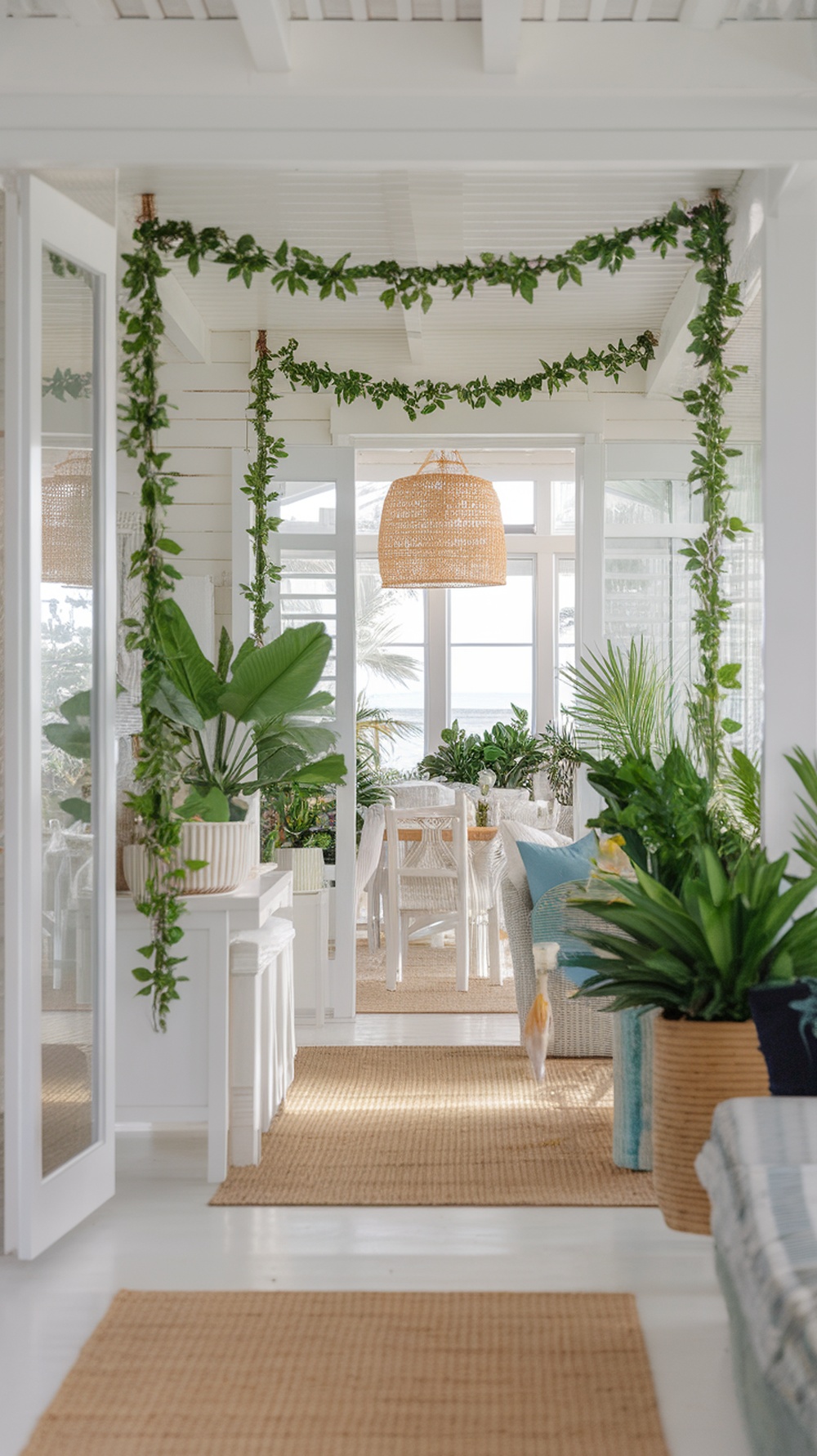 Interior of a beach house featuring fresh plants and greenery, with a bright and airy layout.