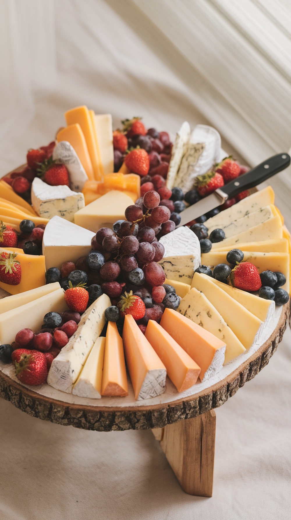 A beautifully arranged fruit and cheese board featuring various cheeses and fresh fruits.