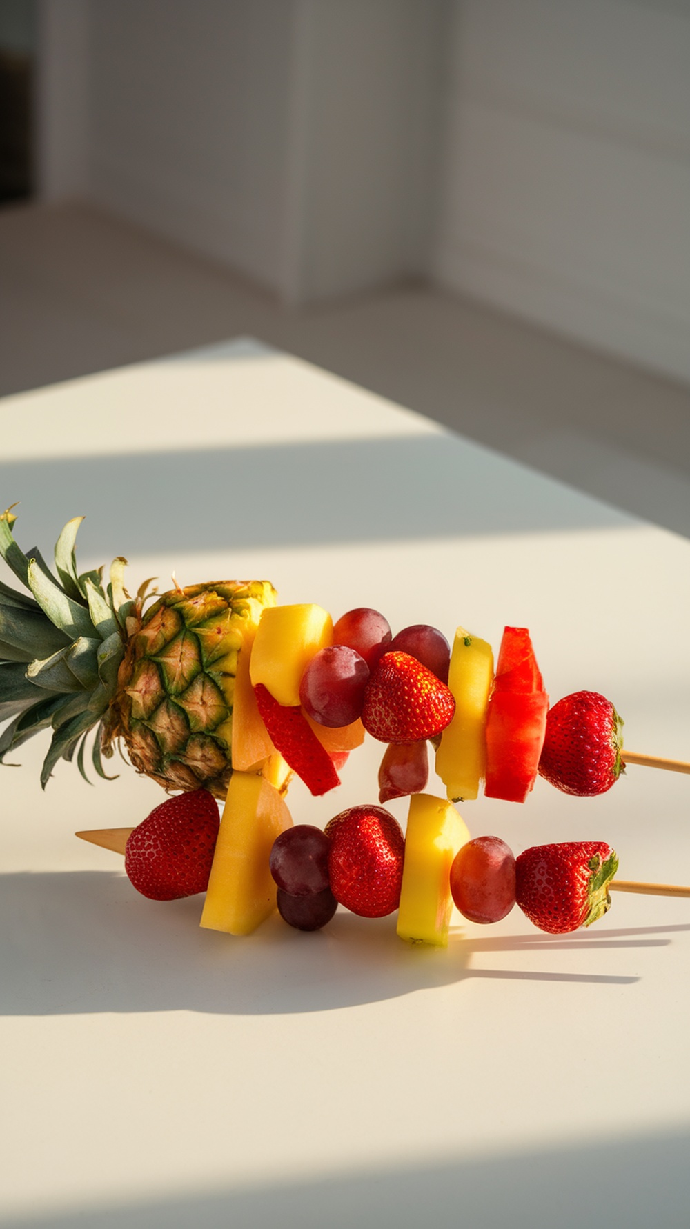 Colorful fruit salad skewers with pineapple, strawberries, grapes, and watermelon.