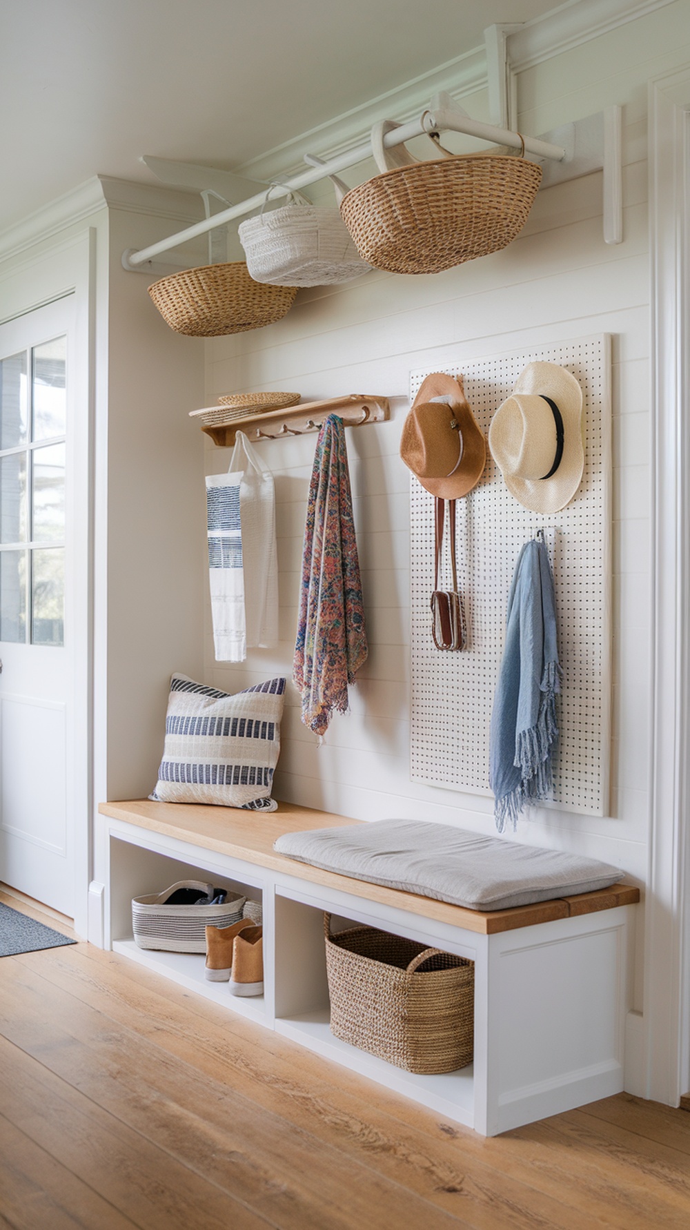 Stylish beach house entryway with a wooden bench, hanging baskets, and a pegboard for accessories.