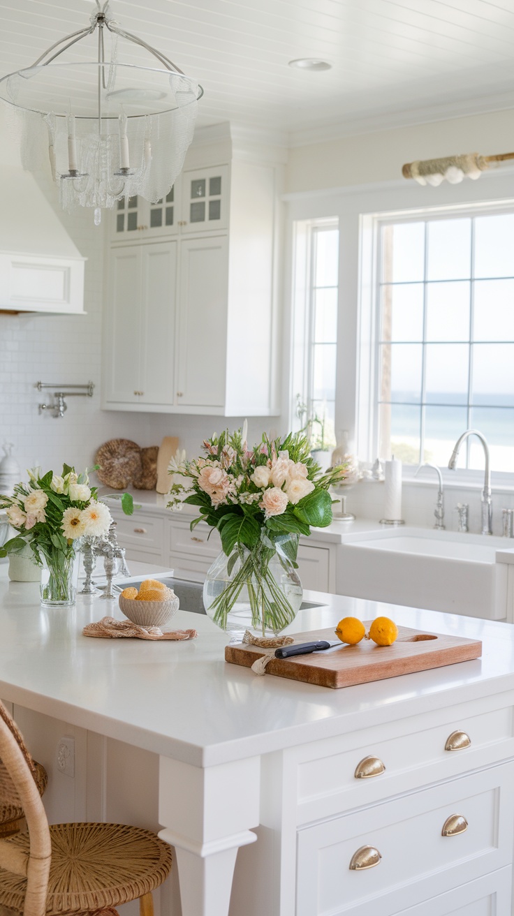 A bright and airy white coastal kitchen with a functional kitchen island, featuring flowers, a cutting board with lemons, and stylish bar stools.