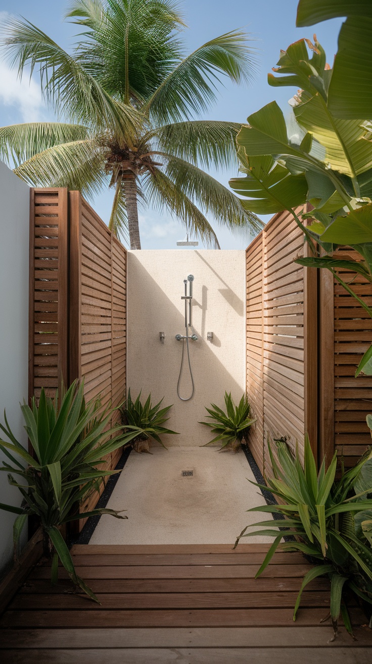Outdoor shower with wooden fencing and tropical plants
