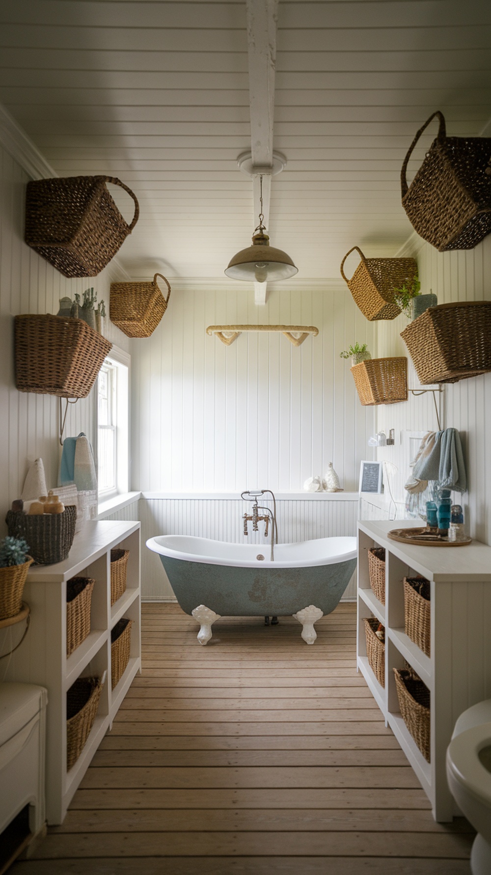 A bright, beachy bathroom featuring woven baskets for storage, an elegant clawfoot tub, and open shelving.