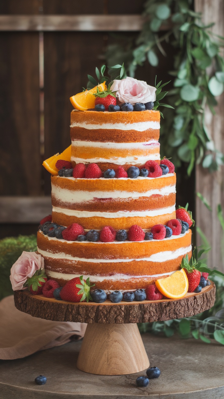 Three-tiered naked cake with fresh fruits and flowers on a wooden cake stand.