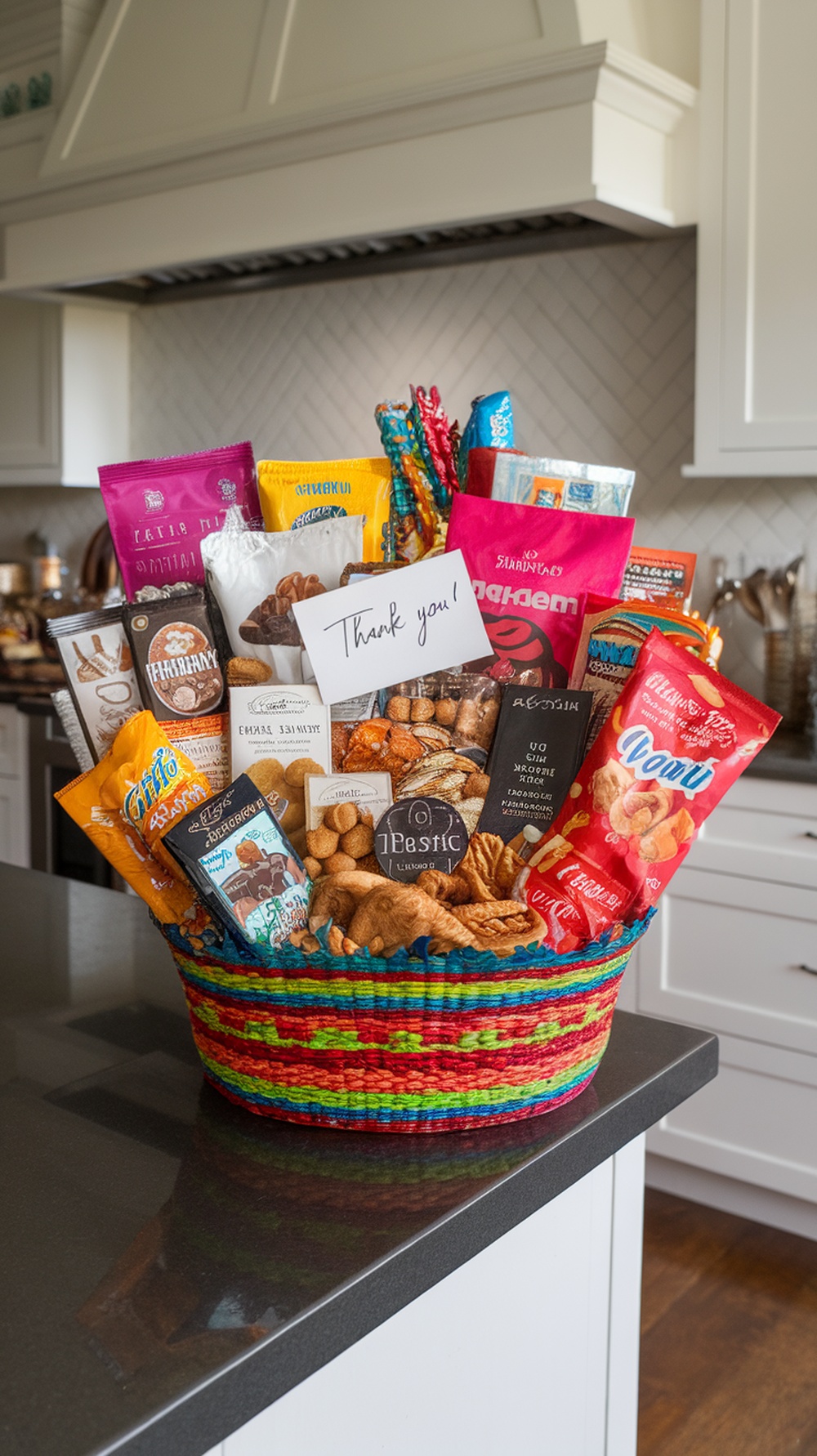 A colorful gift basket filled with various snacks and a 'Thank you!' card.