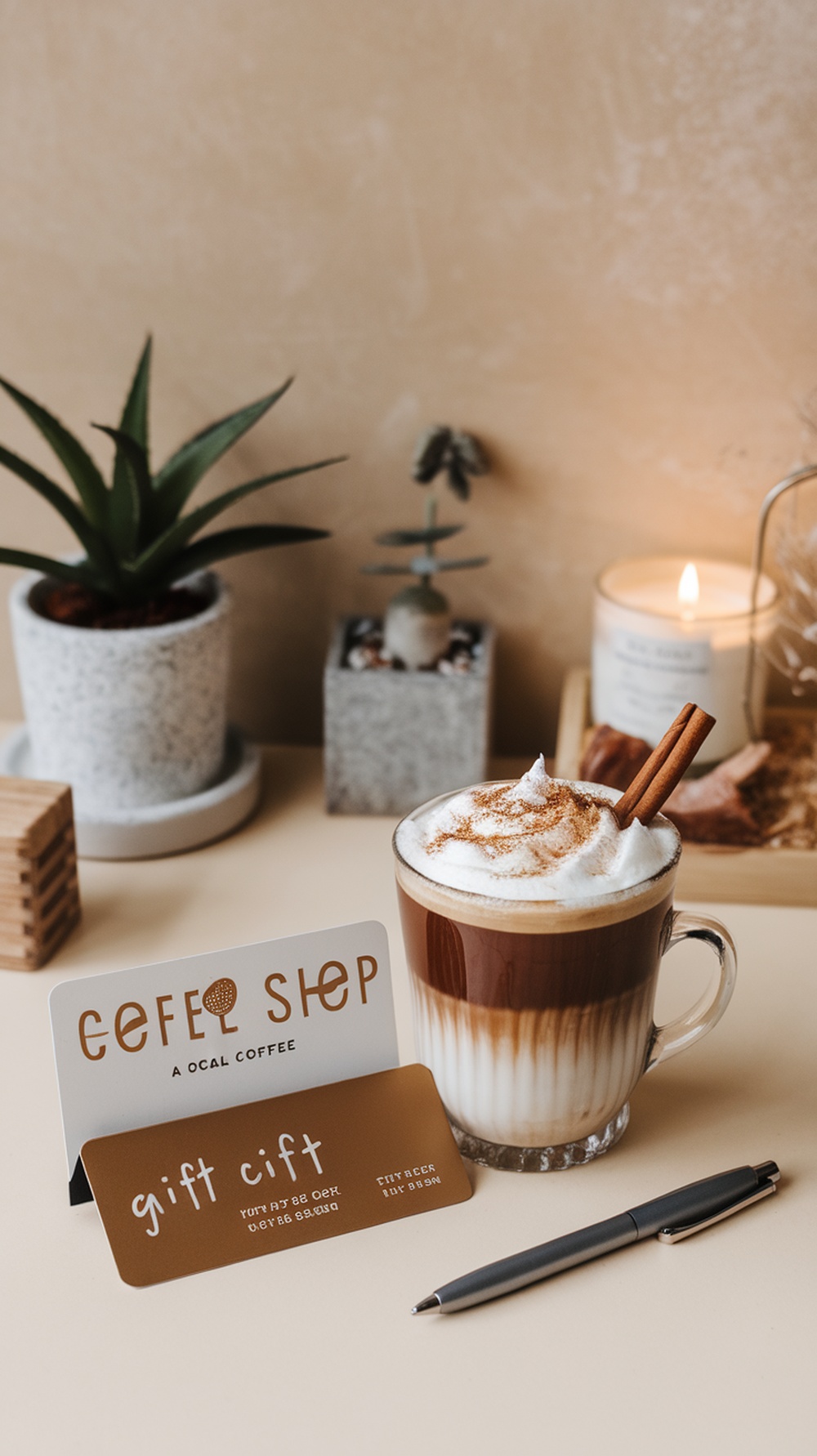 A delicious coffee topped with whipped cream, a gift card for a local coffee shop, a pen, and small plants in the background.