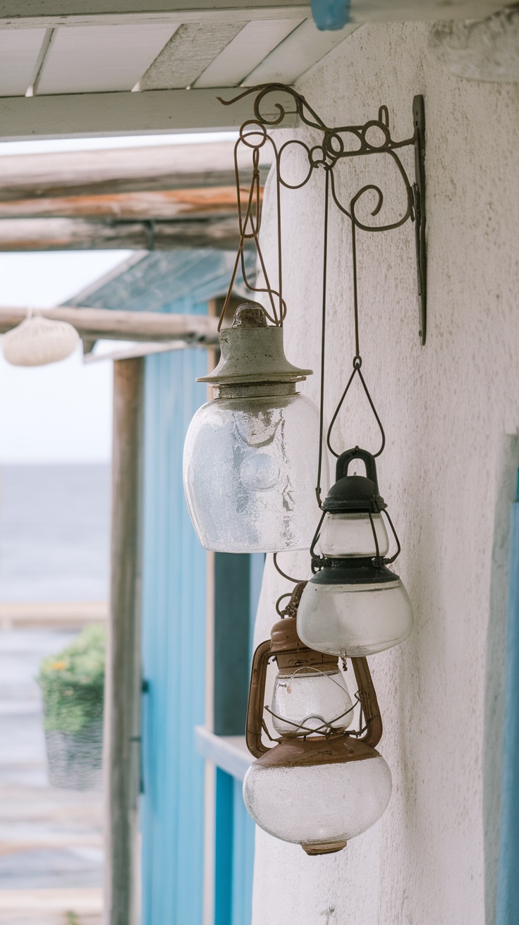A collection of vintage glass lanterns hanging on a wall, with a coastal setting in the background.