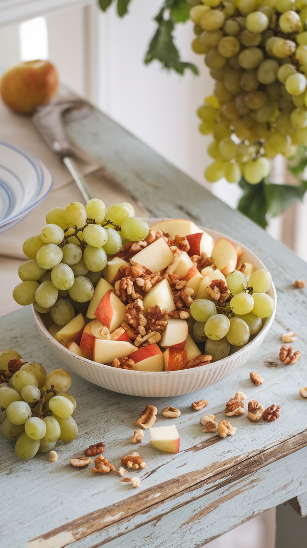 A bowl of Grapes and Apple Crunch Salad with chopped apples, green grapes, and nuts on a rustic table.