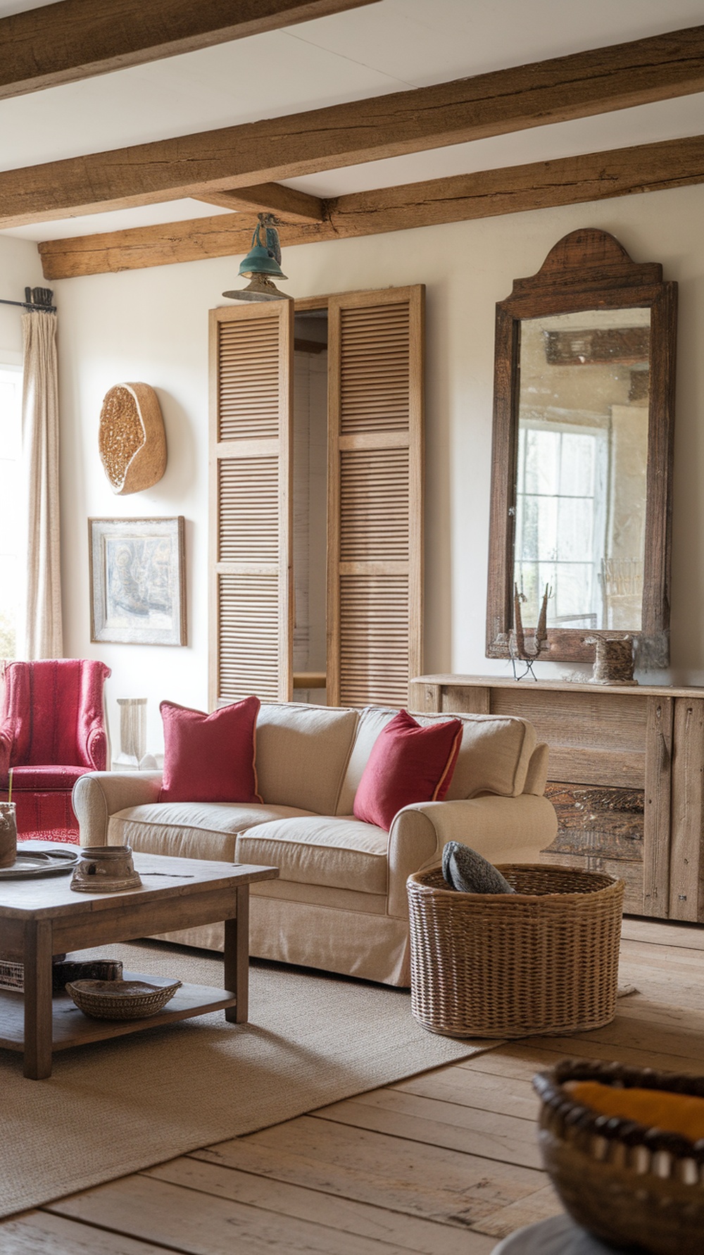 A cozy French country living room with handcrafted accessories and art, featuring a beige sofa with red pillows, a wooden table, woven baskets, and rustic decor.