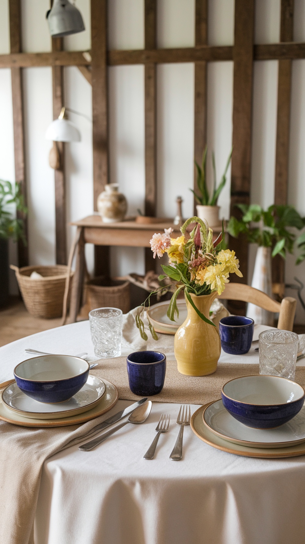 A rustic dining setup featuring handcrafted ceramics, including bowls and a vase with flowers.