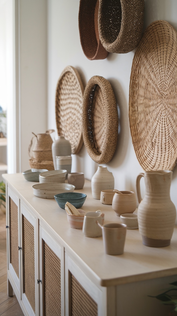 A collection of handcrafted pottery and woven baskets on a sideboard in a boho dining room.