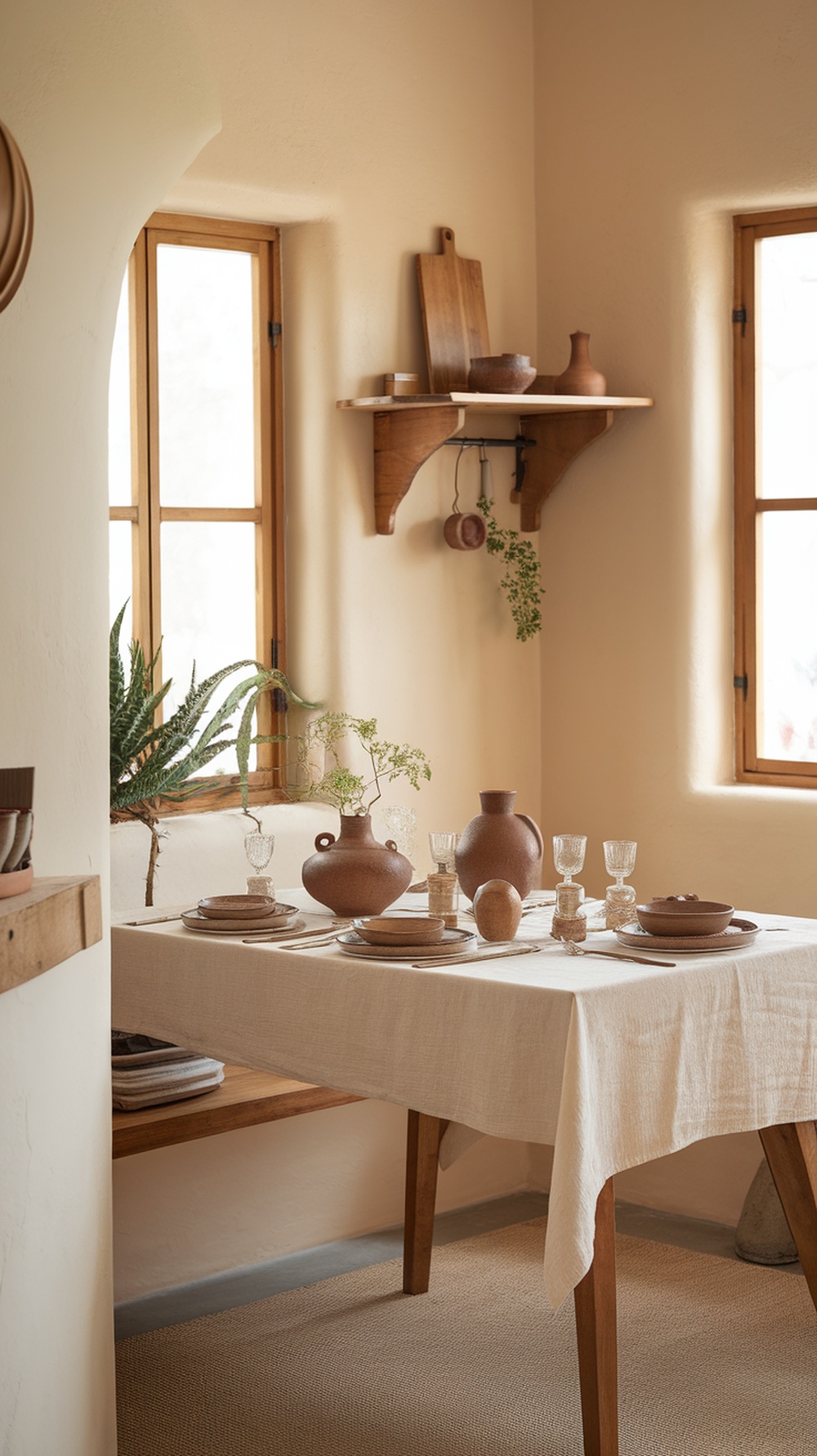 A cozy cottage kitchen with handcrafted pottery and glassware on a wooden table, surrounded by natural light and plants.