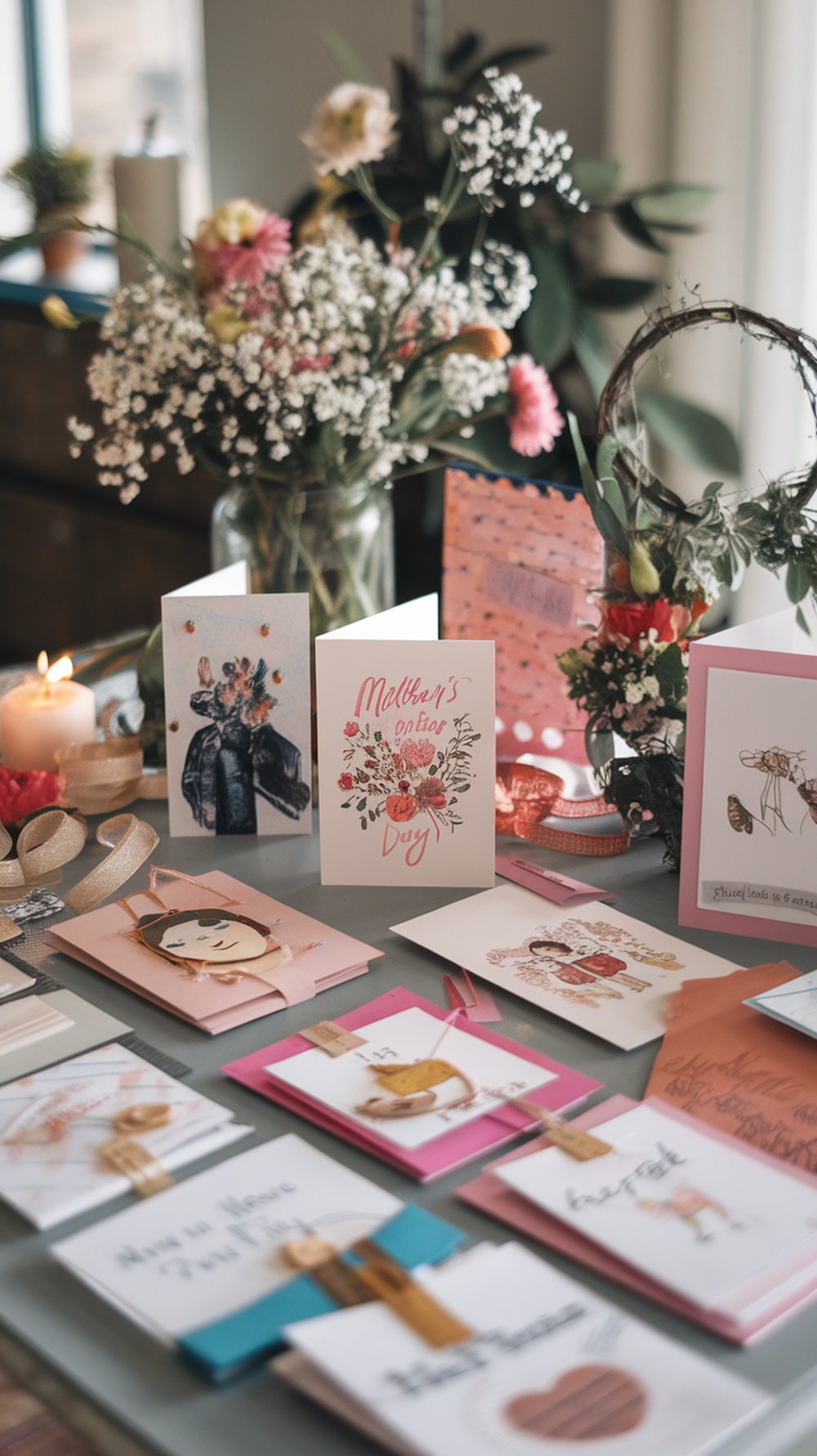 A collection of handmade Mother's Day greeting cards displayed on a table with flowers.