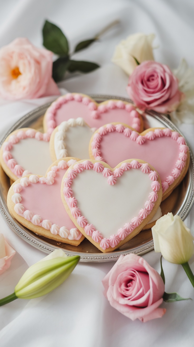 Heart-shaped sugar cookies with pink and white icing on a silver plate, surrounded by roses.