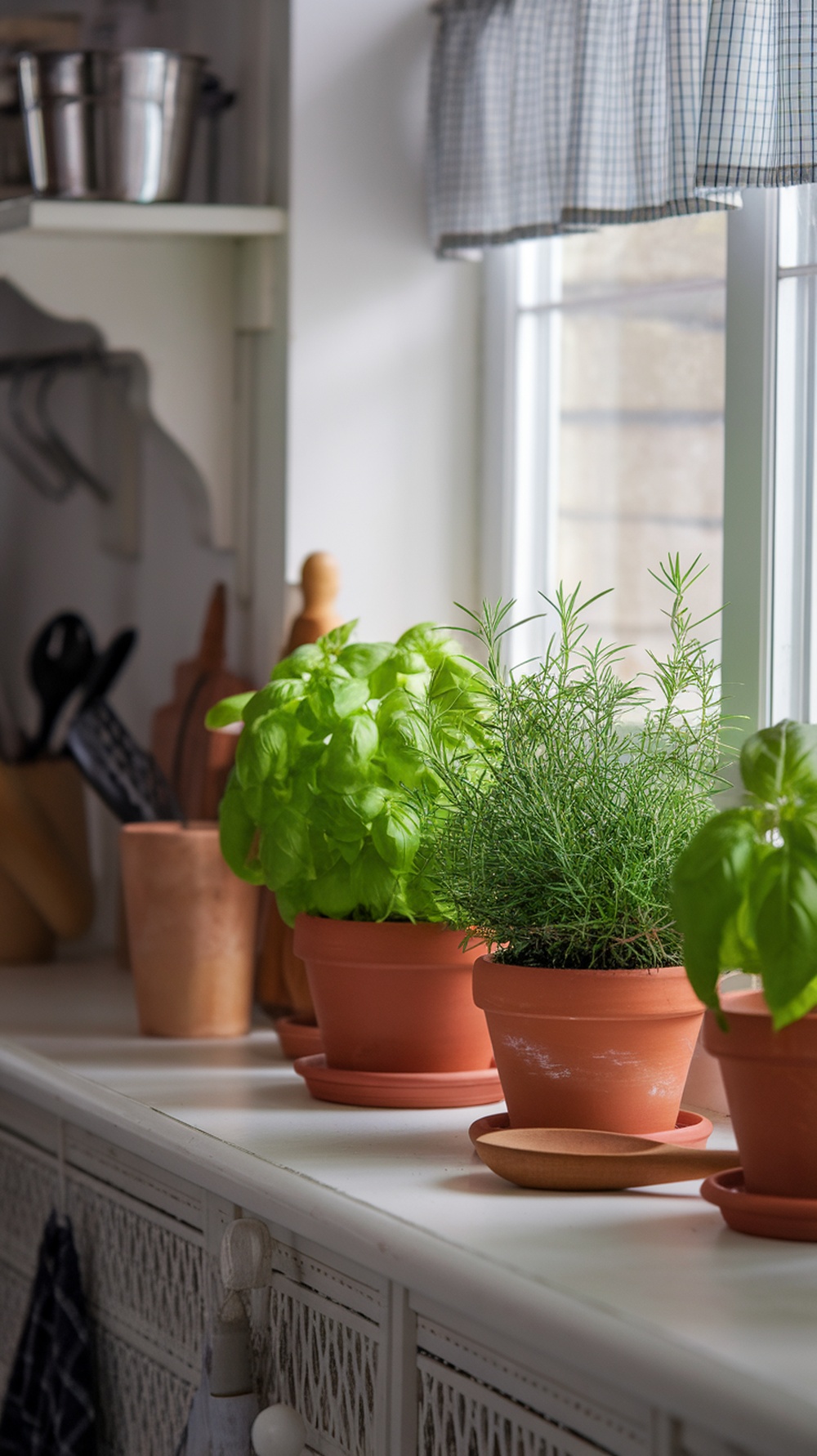 A cozy kitchen windowsill with potted herbs like basil and rosemary, adding a touch of greenery and charm.
