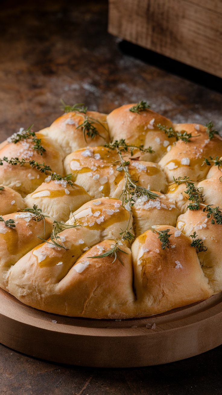 Freshly baked herbed focaccia bread topped with sea salt and herbs on a wooden board