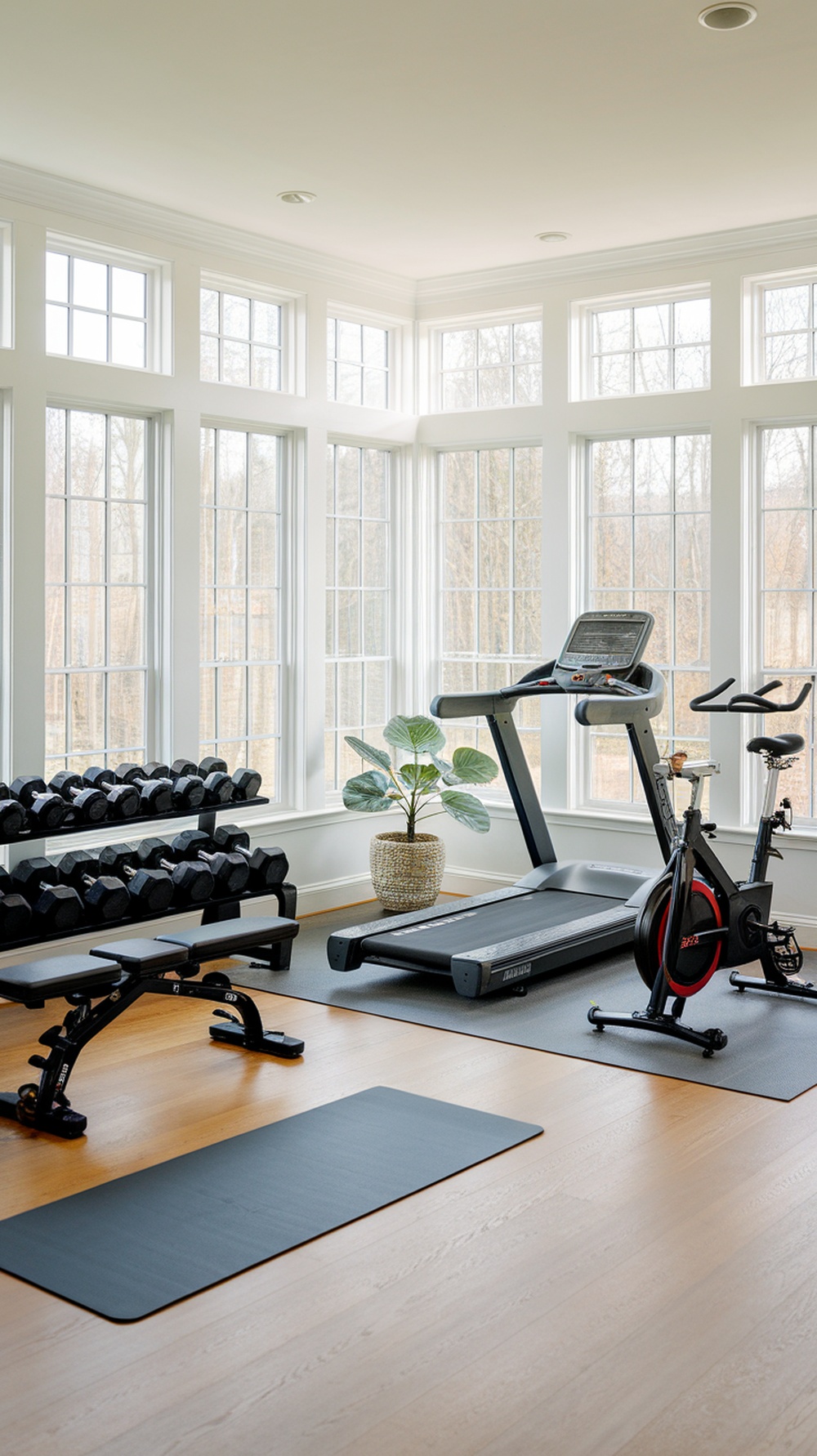 A bright sunroom gym featuring a treadmill, exercise bike, weights, and a yoga mat.