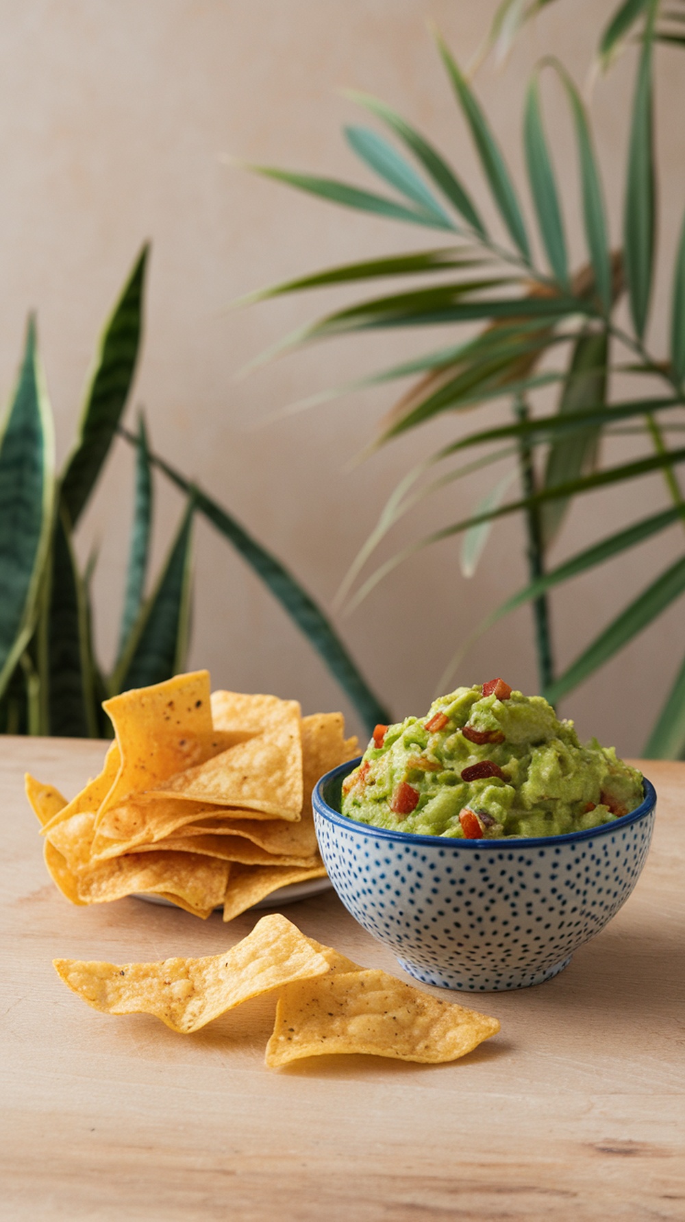 A bowl of guacamole with tortilla chips beside it, set against a backdrop of green plants.