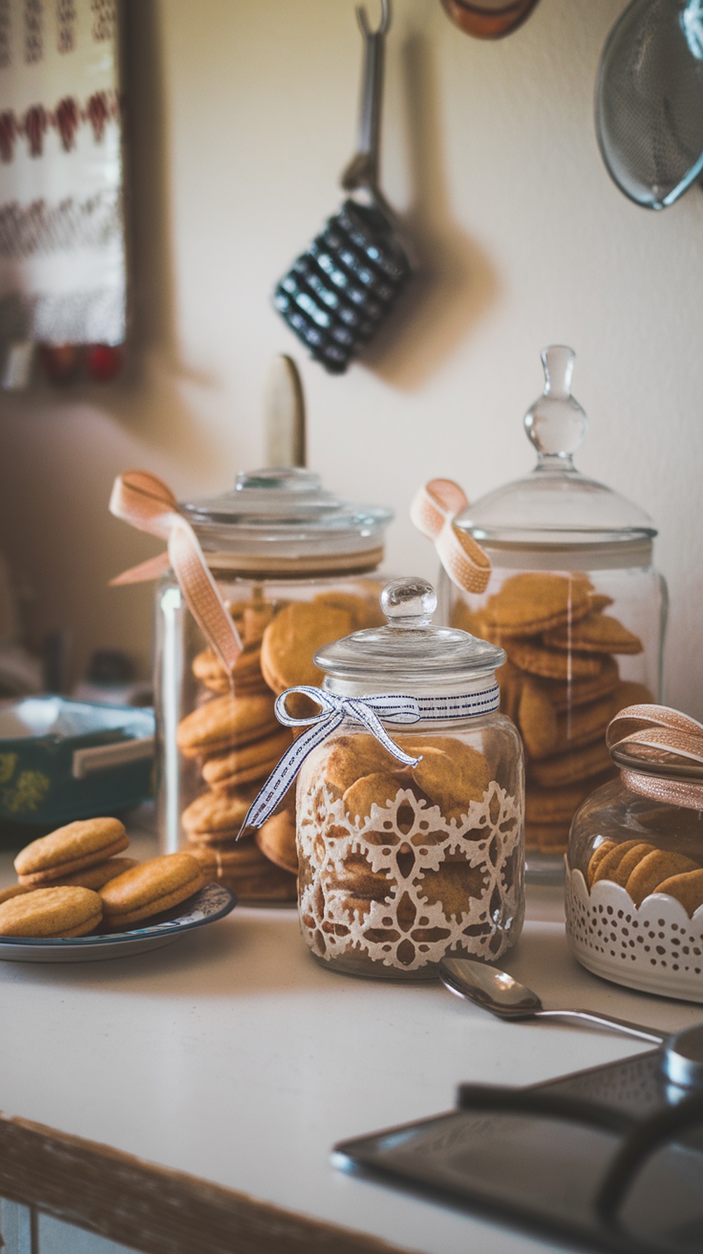 Decorative jars filled with cookies on a kitchen counter