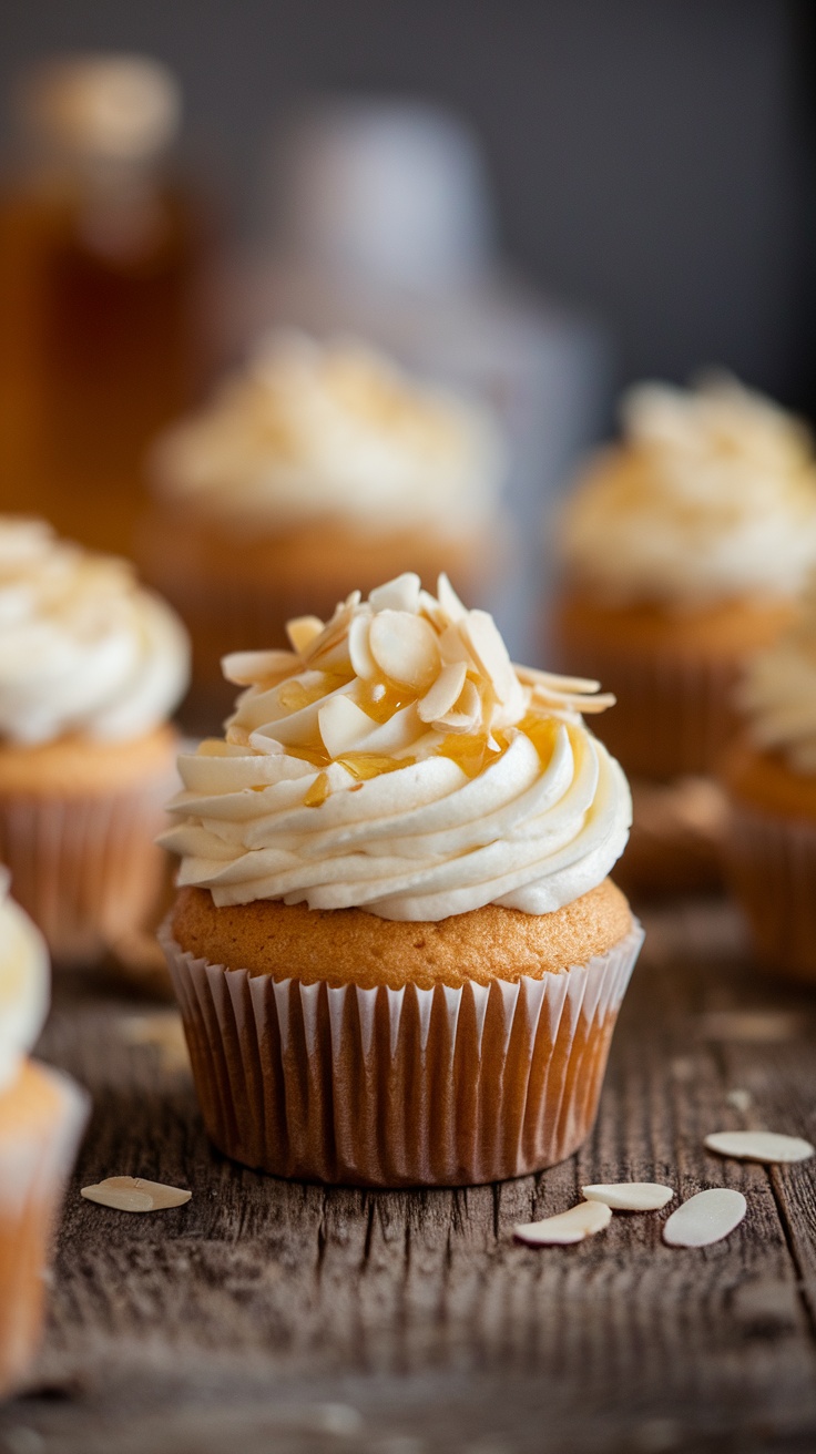 Honey almond flour cupcakes with frosting and almond slices on top.