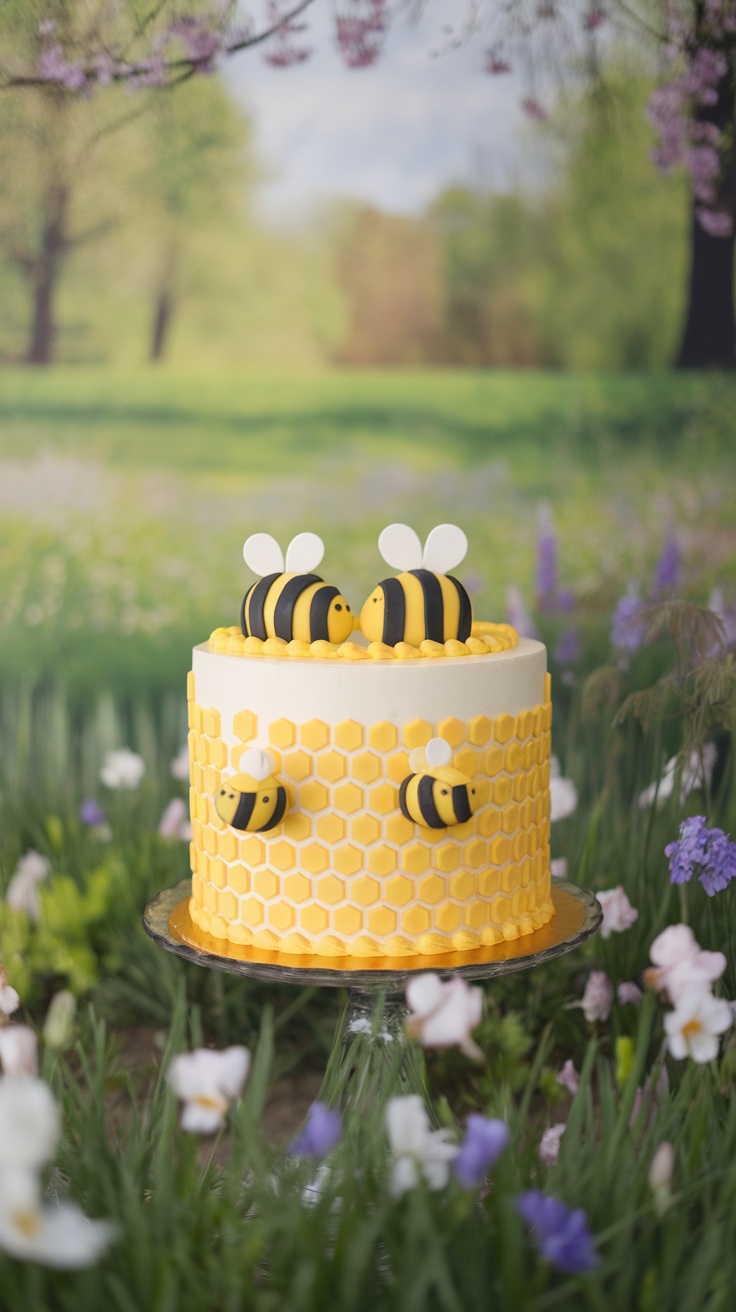 A decorative honey bee themed cake with yellow frosting, honeycomb patterns, and bee decorations, set against a spring background.