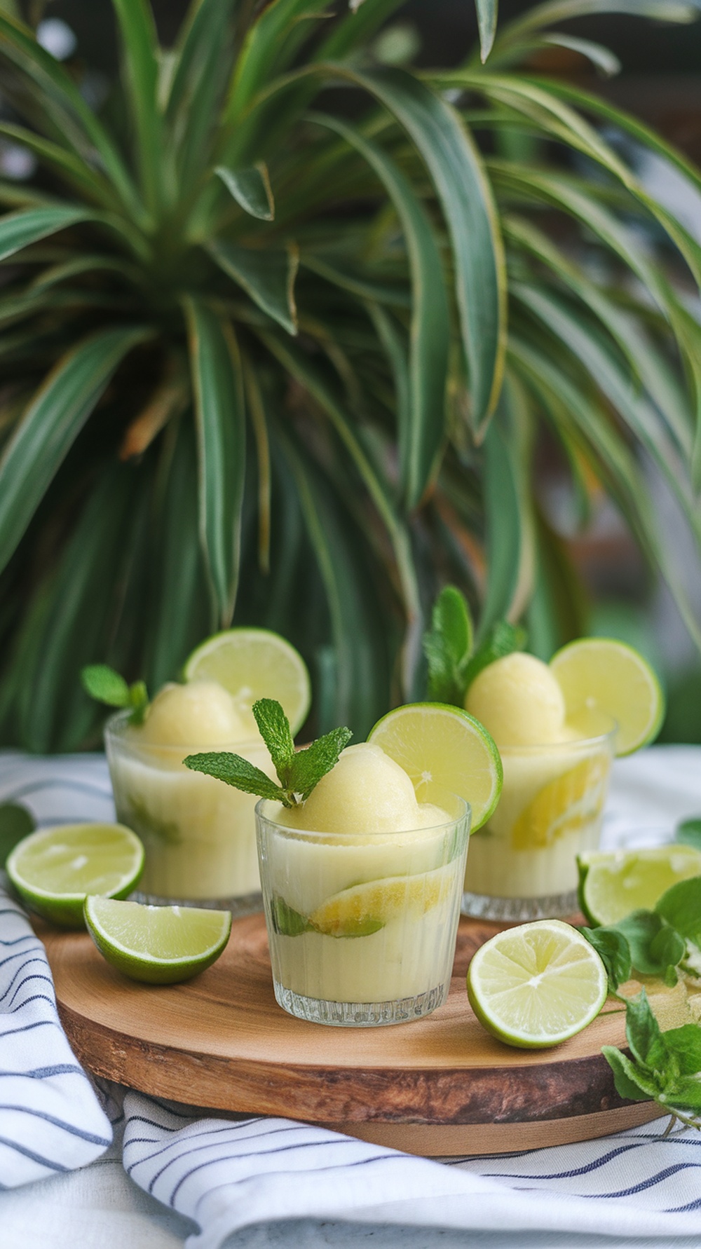Honeydew and Lime Sorbet Cups with lime slices and mint leaves