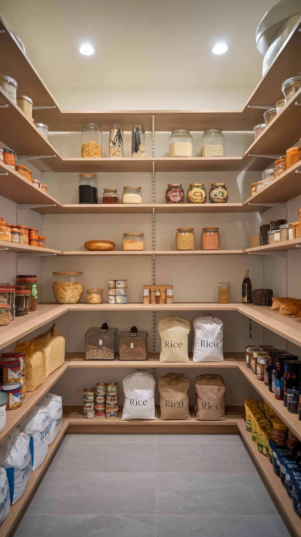 Organized pantry with bright overhead lights illuminating shelves filled with jars and bags.