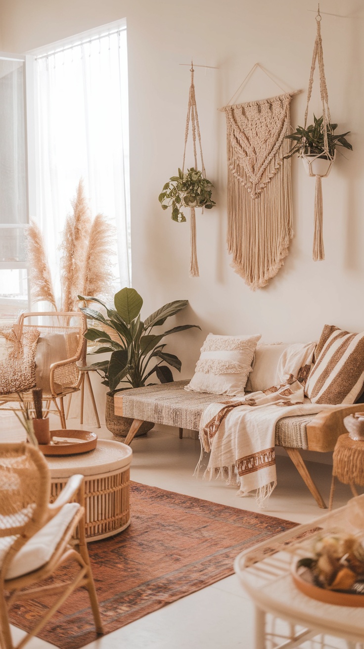 A cozy living room featuring macramé wall hangings and plant hangers, with earthy decor elements.