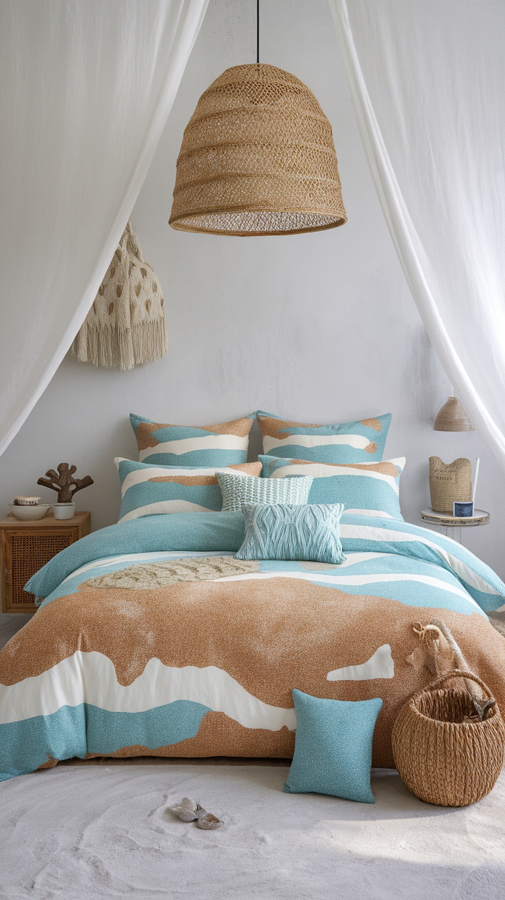 A beautifully styled coastal bedding set featuring soft blue and earthy tones with natural decor elements.