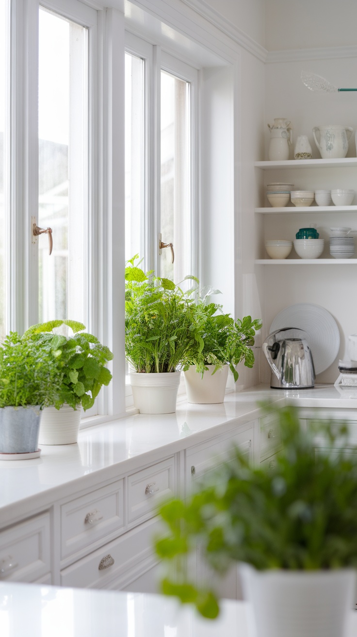 A bright, white coastal kitchen featuring various potted herbs on a countertop by large windows.