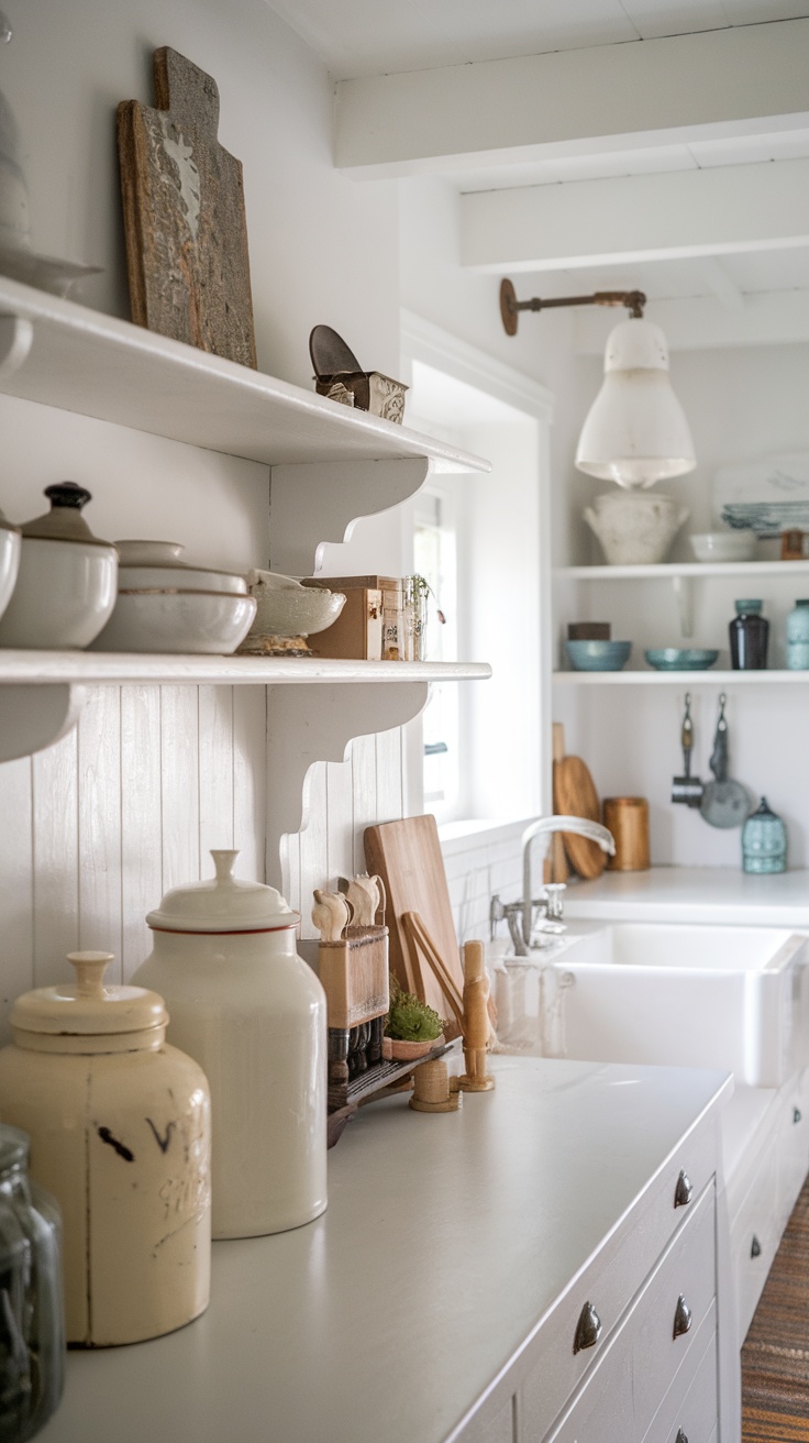 A white coastal kitchen with vintage finds on display.