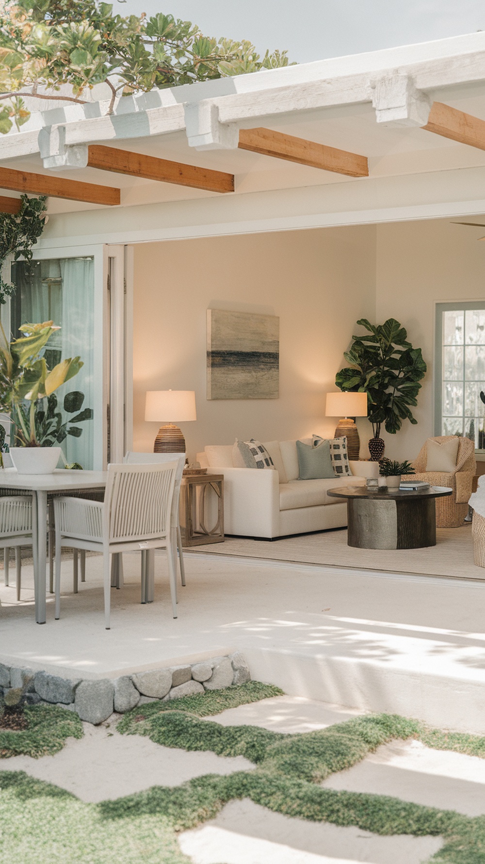Modern coastal living room with indoor-outdoor flow featuring large glass doors, comfortable furniture, and a dining area overlooking a garden.